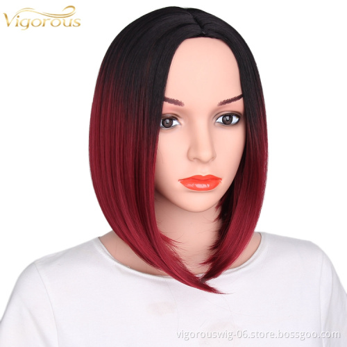 Vendor high quality premium wholesale Ombre red short straight wavy hair synthetic heat resistant wig lace front black women